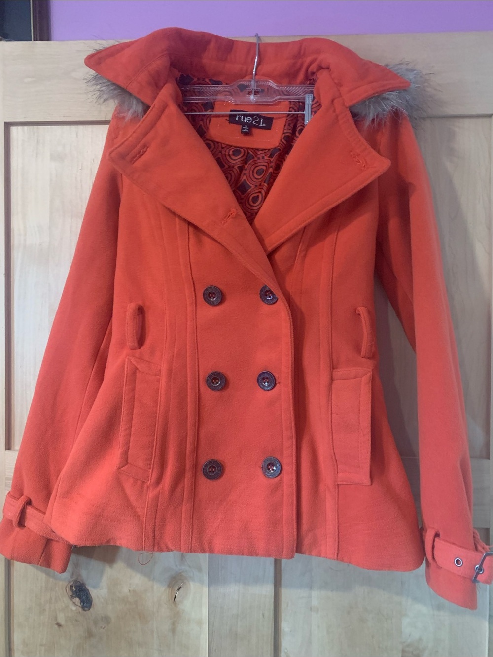 Women's Rue21 Coral Orange Double-Breasted Peacoat with Faux Fur Hood Trim